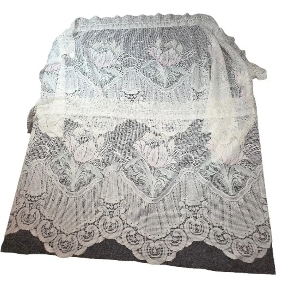 Vintage 2pc White Lace Floral Pink Tulip Cafe Curtain Valance Scalloped Edge